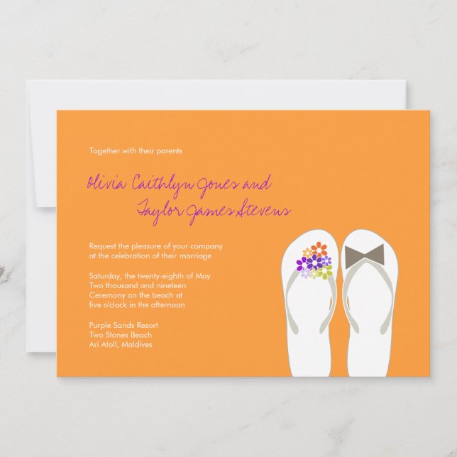 Mr & Mrs Purple Flip Flops Beach Wedding Invite (Front)