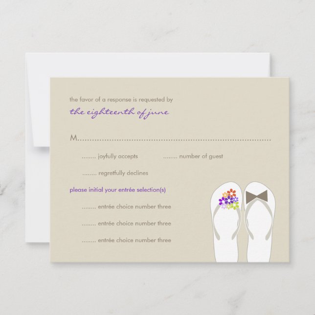 Mr & Mrs Purple Flip Flops Beach Wedding RSVP Card (Front)