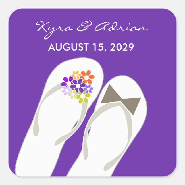 Mr & Mrs Purple Flowers Flip Flops Beach Wedding Square Sticker (Front)