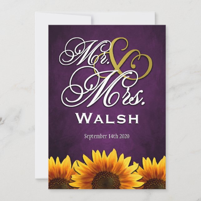 Mr & Mrs Purple Sunflower Wedding Invitations (Front)