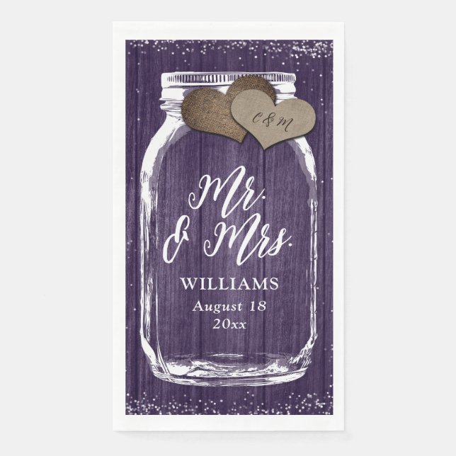 Mr. & Mrs. Purple Wood Mason Jar Fall Wedding Napkin (Front)