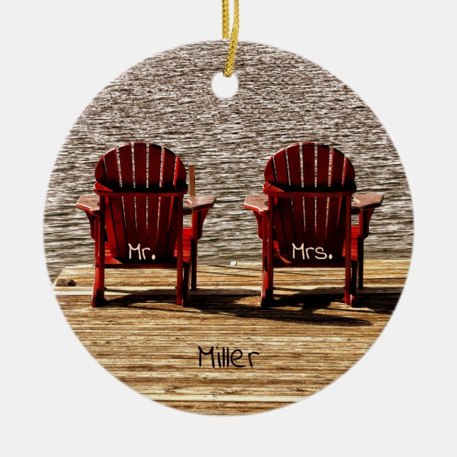 Mr Mrs Red Adirondack Beach Chairs Rustic Ceramic Tree Decoration (Front)