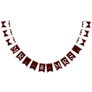 Mr. & Mrs. Red Black Buffalo Plaid Wedding Bunting