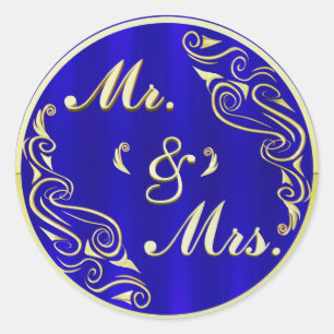 MR MRS Regal Golden Typography Royal Blue Wedding Classic Round Sticker