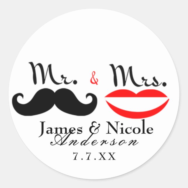 Mr. & Mrs. Retro Moustache Lips Wedding Sticker (Front)