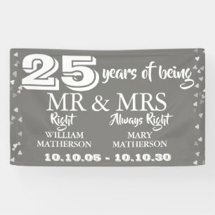 Mr Mrs Right Fun 25th Anniversary Silver Hearts Banner