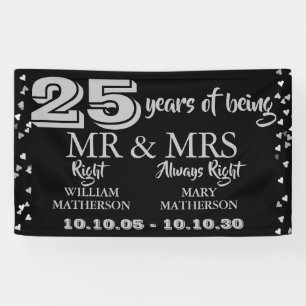 Mr Mrs Right Fun 25th Anniversary Silver Hearts Banner