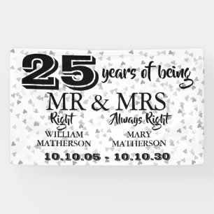 Mr Mrs Right Fun 25th Anniversary Silver Hearts Banner