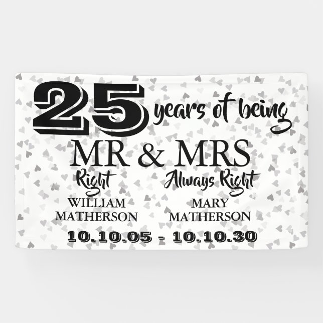 Mr Mrs Right Fun 25th Anniversary Silver Hearts Banner (Horizontal)