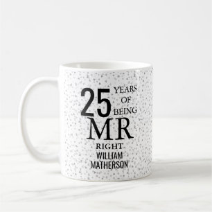 Mr Mrs Right Fun 25th Anniversary Silver Hearts Coffee Mug