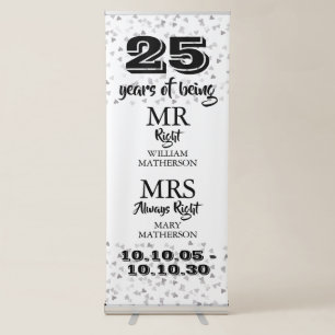 Mr Mrs Right Fun 25th Anniversary Silver Hearts Retractable Banner