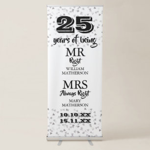 Mr Mrs Right Fun 25th Anniversary Silver Hearts Retractable Banner