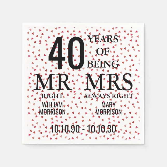 Mr Mrs Right Fun 40th Anniversary Ruby Hearts Napkin (Front)