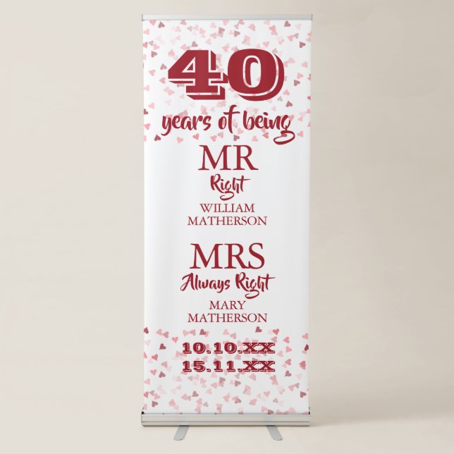 Mr Mrs Right Fun 40th Anniversary Ruby Hearts Retractable Banner (Front)