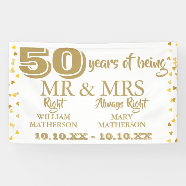 Mr Mrs Right Fun 50th Anniversary Gold Hearts Banner (Horizontal)