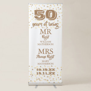 Mr Mrs Right Fun 50th Anniversary Gold Hearts Retractable Banner
