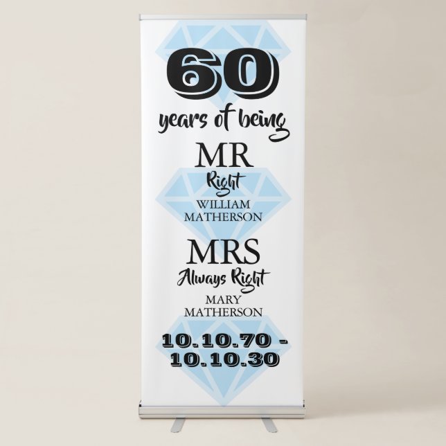 Mr Mrs Right Fun Diamond 60th Wedding Anniversary Retractable Banner (Front)