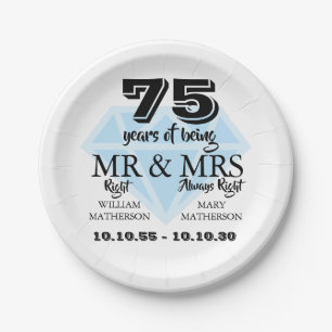 Mr Mrs Right Fun Diamond 75th Anniversary Paper Plate