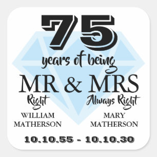 Mr Mrs Right Fun Diamond 75th Anniversary Square Sticker