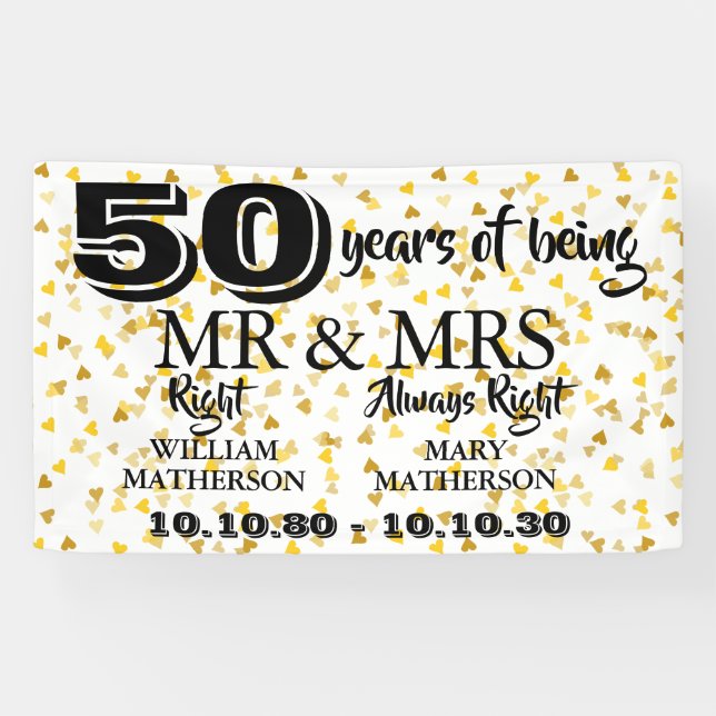 Mr Mrs Right Fun Golden 50th Anniversary Banner (Horizontal)