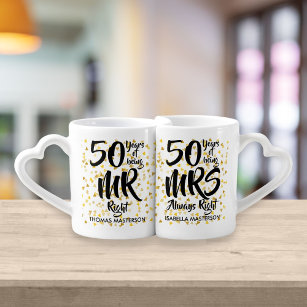 Mr Mrs Right Fun Golden 50th Anniversary Coffee Mug Set
