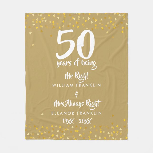 Mr Mrs Right Fun Golden 50th Anniversary Fleece Blanket (Front)