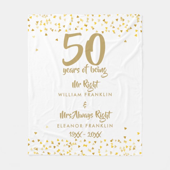 Mr Mrs Right Fun Golden 50th Anniversary Fleece Blanket (Front)
