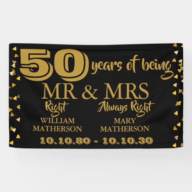 Mr Mrs Right Fun Golden 50th Wedding Anniversary Banner (Horizontal)