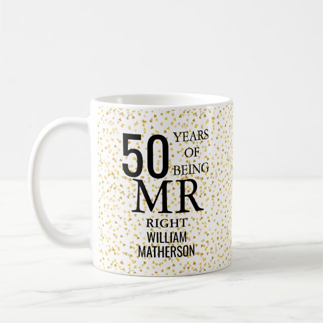 Mr Mrs Right Fun Golden 50th Wedding Anniversary Coffee Mug (Left)