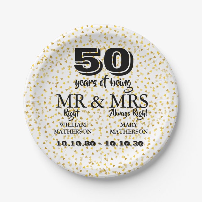 Mr Mrs Right Fun Golden 50th Wedding Anniversary Paper Plate (Front)
