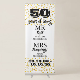 Mr Mrs Right Fun Golden 50th Wedding Anniversary Retractable Banner
