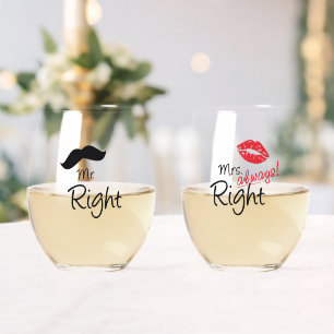 Mr & Mrs. Right Moustache Red Lips Wedding  Stemless Wine Glass