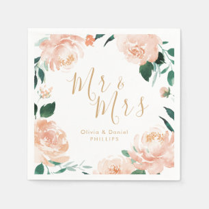 Mr & Mrs Romantic garden peach floral wedding Napkin