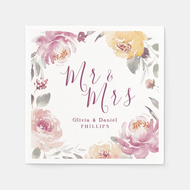 Mr & Mrs Romantic garden watercolor floral wedding Napkin (Front)