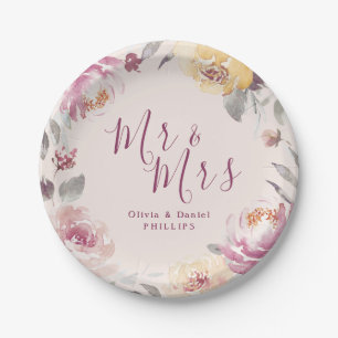 Mr & Mrs Romantic garden watercolor floral wedding Paper Plate