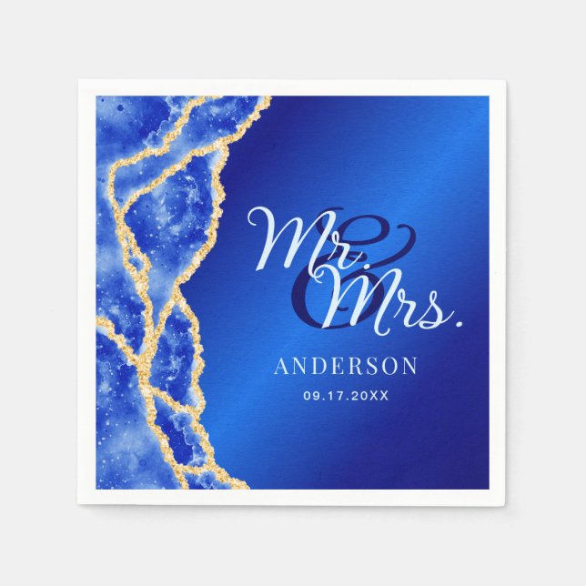 Mr & Mrs Royal Blue and Gold Agate Elegant Wedding Napkin (Front)