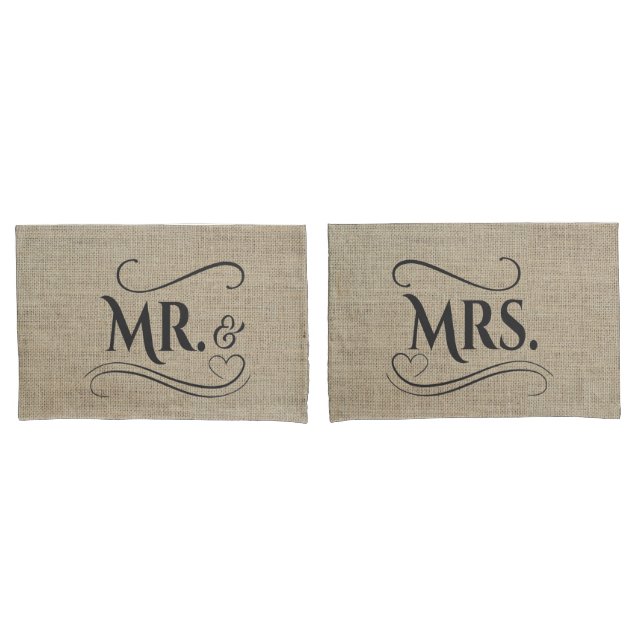 Mr & Mrs Rustic Burlap Country Wedding Couples Pillowcase (Front-Set)