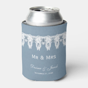 Mr & Mrs Rustic Dusty Blue White Cow Skull Wedding Can Cooler