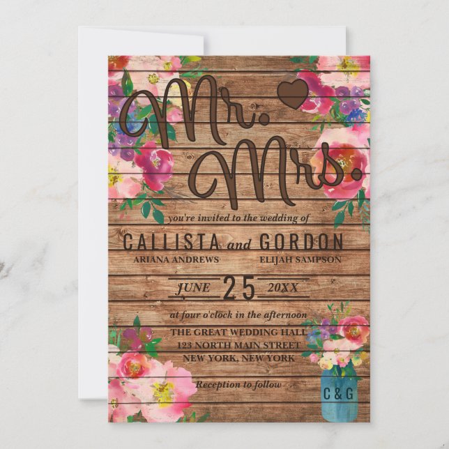 Mr. Mrs. Rustic Pink Floral Wood Mason Jar Wedding Invitation (Front)
