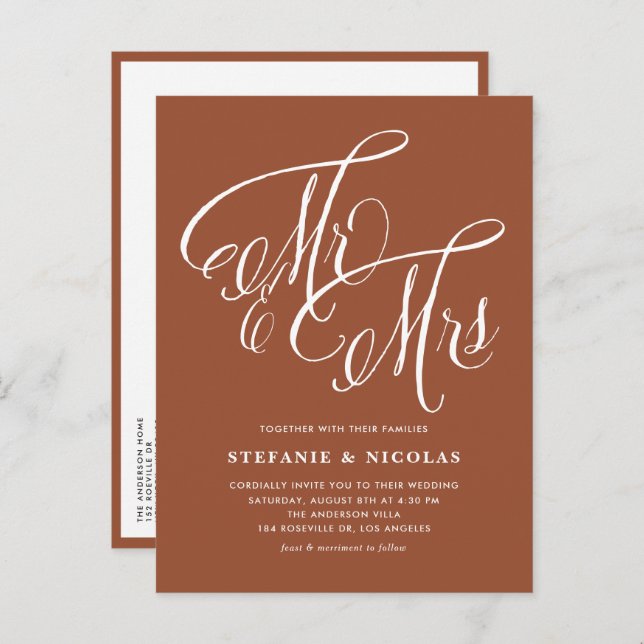 Mr & Mrs Rustic Script Terracotta QR Code Wedding Invitation Postcard (Front/Back)