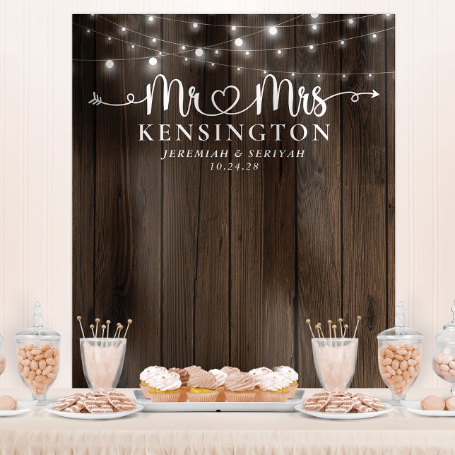Mr Mrs Rustic String Lights Wedding Backdrop Tapestry (Creator Uploaded)
