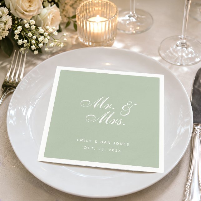 Mr. & Mrs. Sage Wedding White Elegant Script Green Napkin (Creator Uploaded)