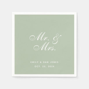 Mr. & Mrs. Sage Wedding White Elegant Script Green Napkin