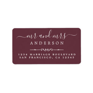 Mr Mrs Script Burgundy Wedding Return Address Label