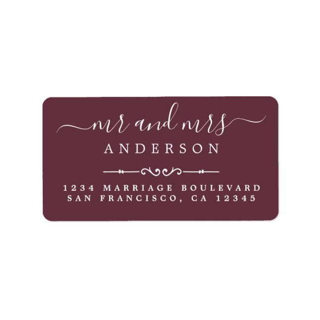 Mr Mrs Script Burgundy Wedding Return Address Label (Front)
