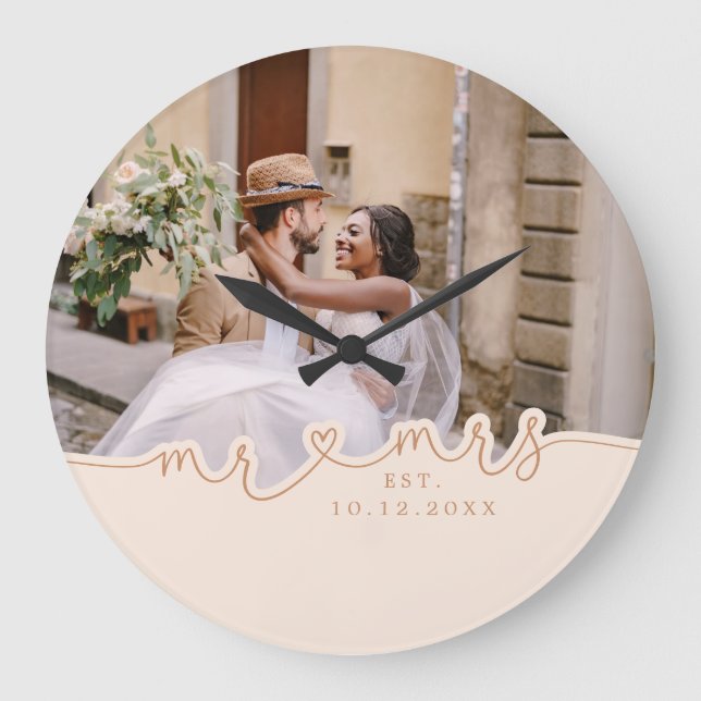 Mr Mrs Script Heart Photo Wedding Large Clock (Front)