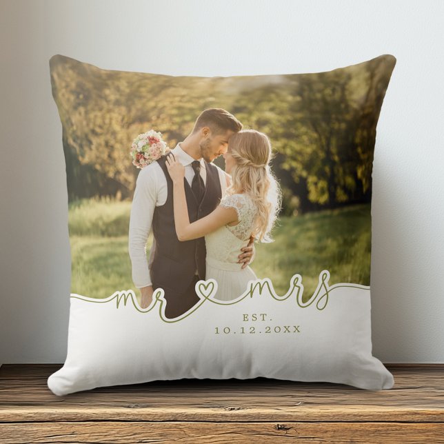 Mr Mrs Script Heart Photo Wedding Pillow (Shown on a 20" x 20" pillow)