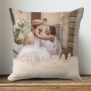 Mr Mrs Script Heart Photo Wedding Pillow