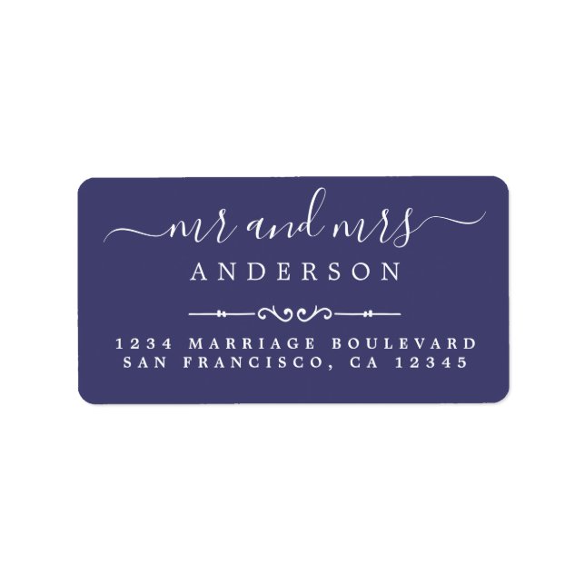 Mr Mrs Script Navy Blue Wedding Return Address Label (Front)