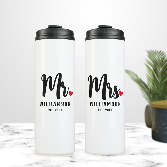 Mr. & Mrs. Script Personalised Name Monogram Heart Thermal Tumbler (Creator Uploaded)